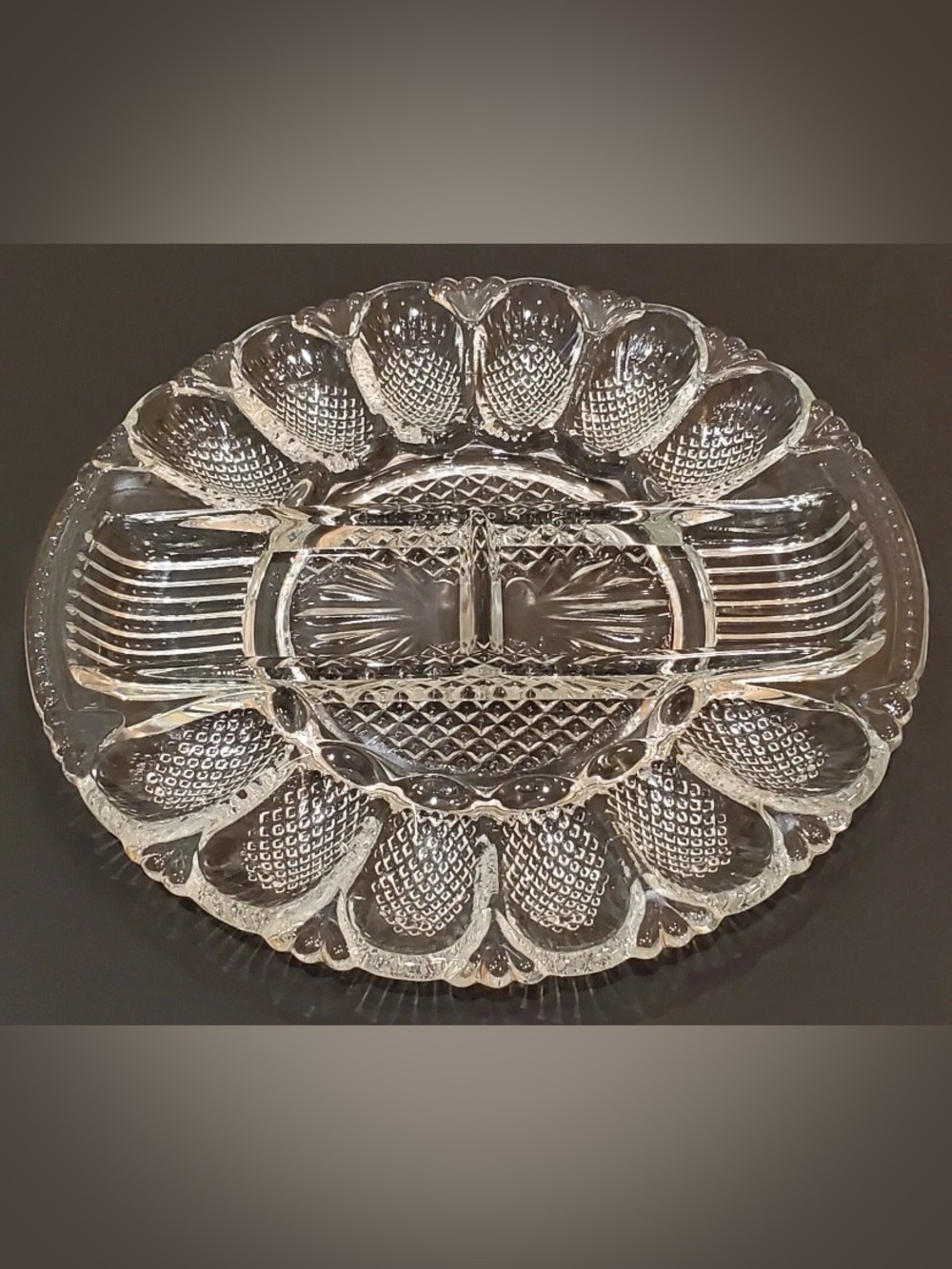 VINTAGE LE Smith Heritage Glass Deviled Egg-Relish Plate - Pineapple